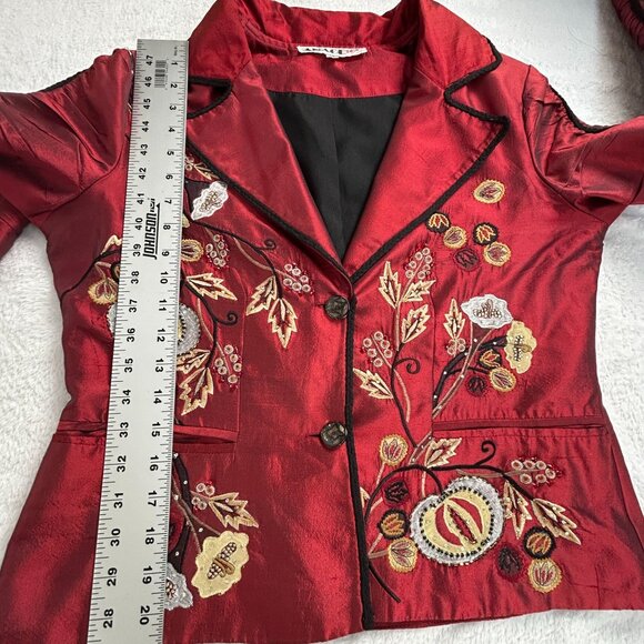 Anage Too Womens Red Silk Embroidered Blazer Jacket Medium Lined Two-Button - Picture 9 of 11